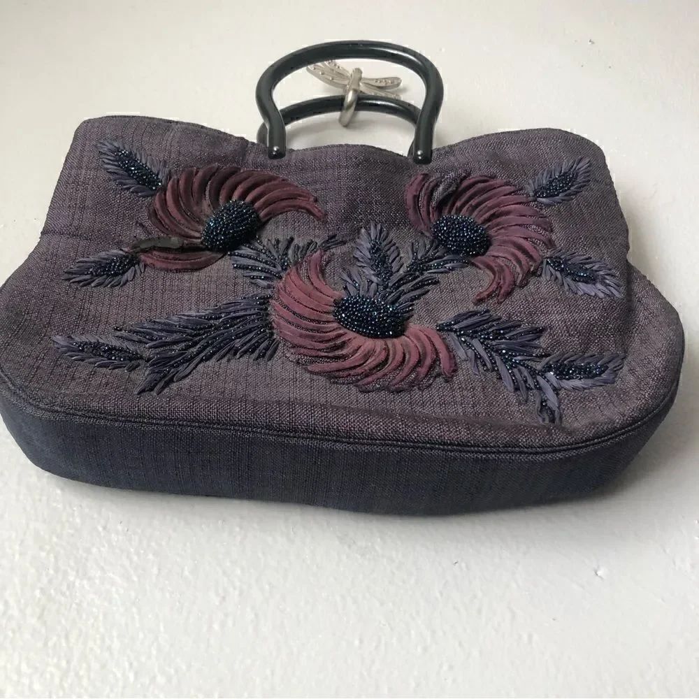 Vintage beaded purple floral feather design vintage handbag - Picture 5 of 11